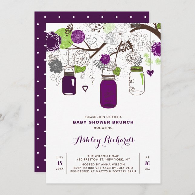 Purple Mason Jars Floral Baby Shower Brunch Invitation (Front/Back)