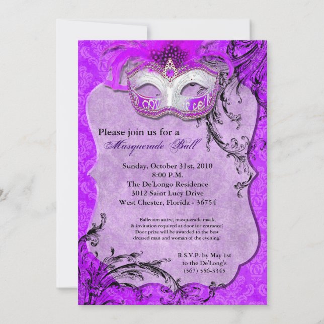 Purple Masquerade Ball Mask Costume Halloween Part Invitation (Front)