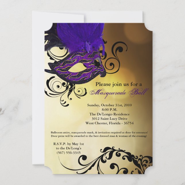 Purple Masquerade Ball Mask Costume Halloween Part Invitation (Front)