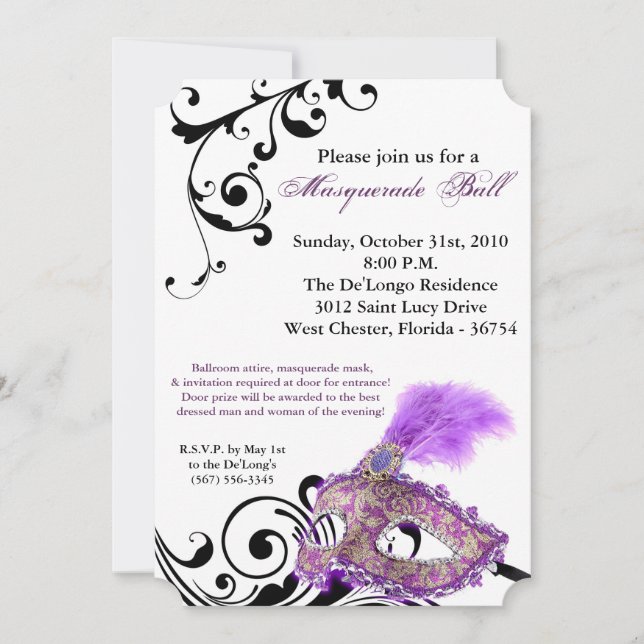 Purple Masquerade Ball Mask Costume Halloween Part Invitation (Front)