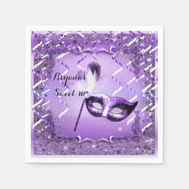 Purple Masquerade Mask Elegant Ball Party Napkin (Front)