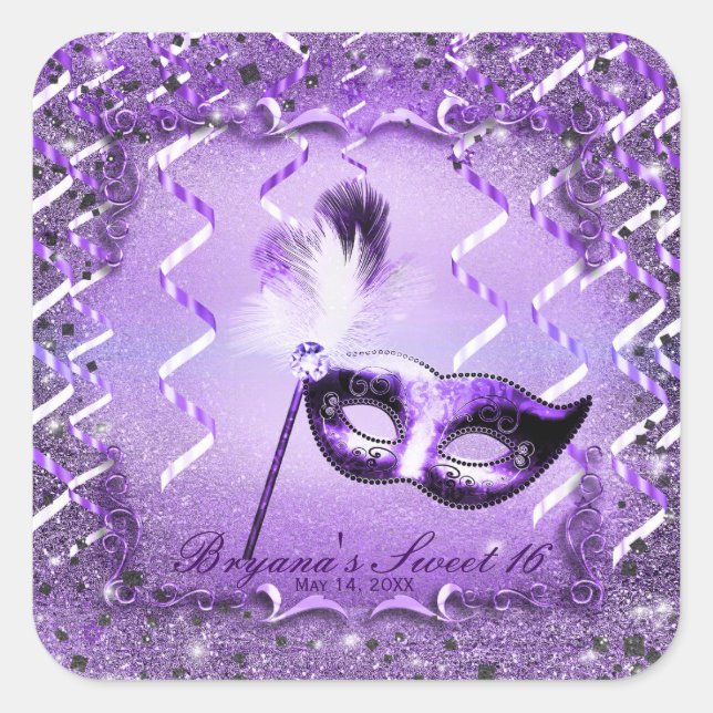 Purple Masquerade Mask Elegant Ball Party Square Sticker (Front)