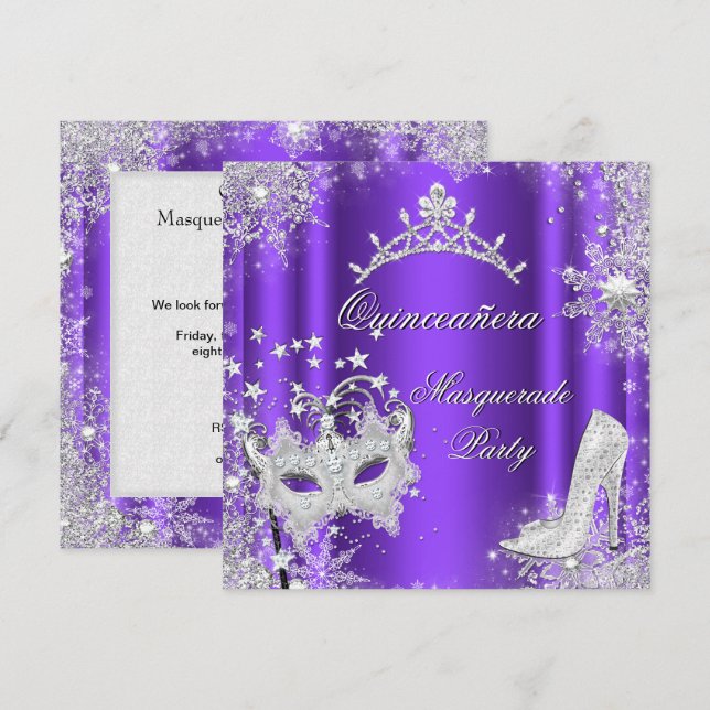 Purple Masquerade Quinceanera 15th Party Tiara Invitation (Front/Back)