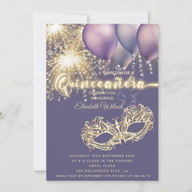 Purple Masquerade sparkling firework  Quinceañera  Invitation (Front)