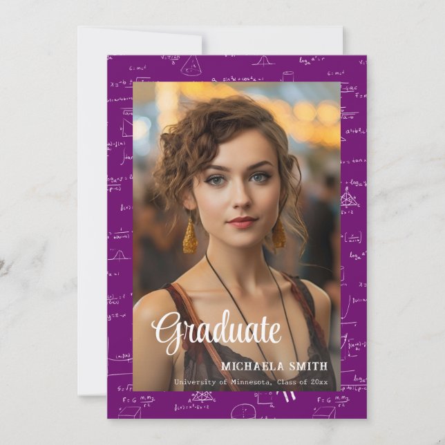 Purple Math College Script Photo Graduation Announcement (Front)