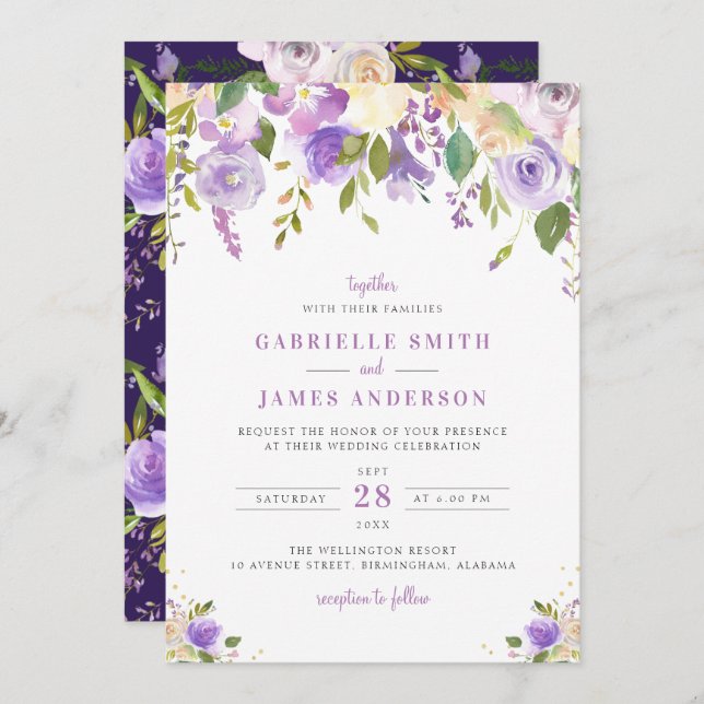 purple, mauve and peach floral wedding invitation (Front/Back)