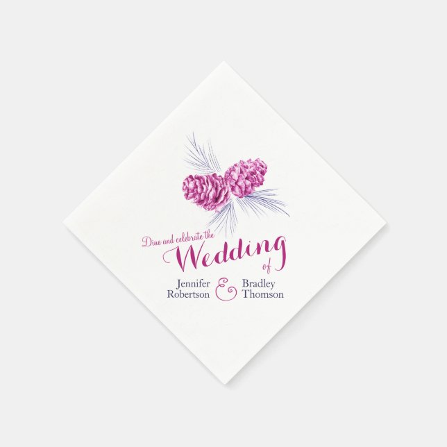 Purple mauve blue pine cones winter wedding napkin (Corner)