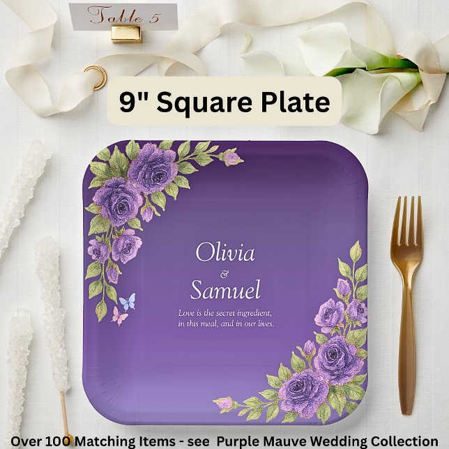 Purple Mauve Flowers & White Wedding  9" Square Paper Plate (Creator Uploaded)