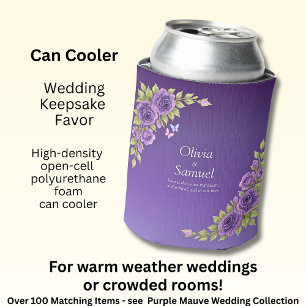 Purple Mauve Flowers & White Wedding  Can Cooler