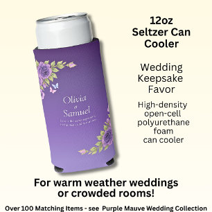 Purple Mauve Flowers & White Wedding  Seltzer Can Cooler