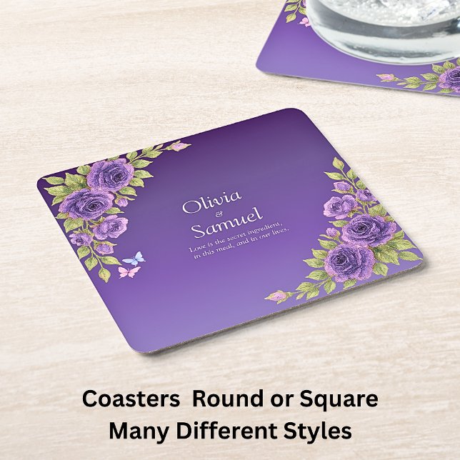 Purple Mauve Flowers & White Wedding   Square Paper Coaster (Creator Uploaded)