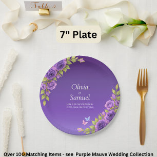 Purple Mauve Flowers & White Wedding Suite  7" Paper Plate
