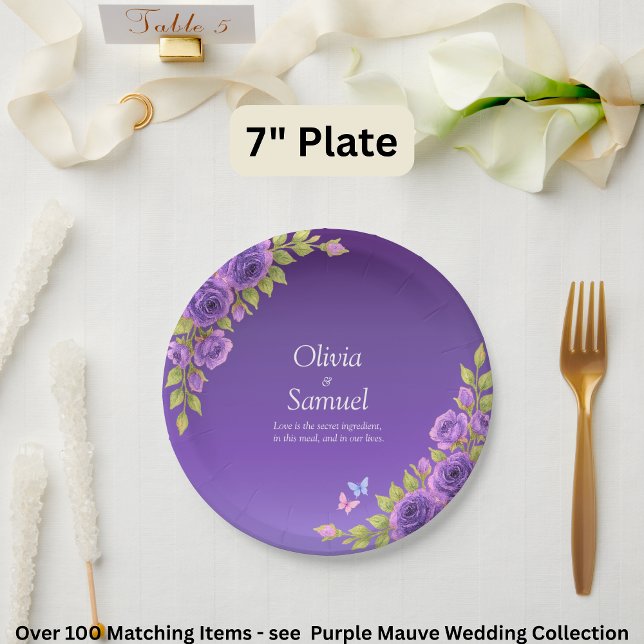 Purple Mauve Flowers & White Wedding Suite  7" Paper Plate (Creator Uploaded)