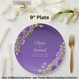 Purple Mauve Flowers & White Wedding Suite 9" Paper Plate
