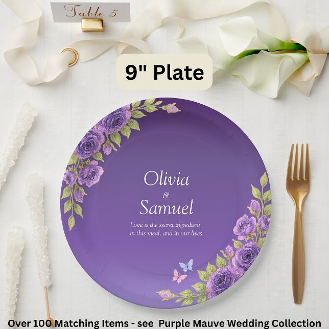 Purple Mauve Flowers & White Wedding Suite  9" Paper Plate (Creator Uploaded)
