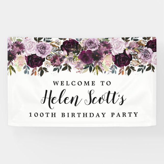 Purple Mauve Pink 100th Birthday Party Welcome Banner (Horizontal)