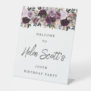 Purple Mauve Pink 100th Birthday Party Welcome Pedestal Sign