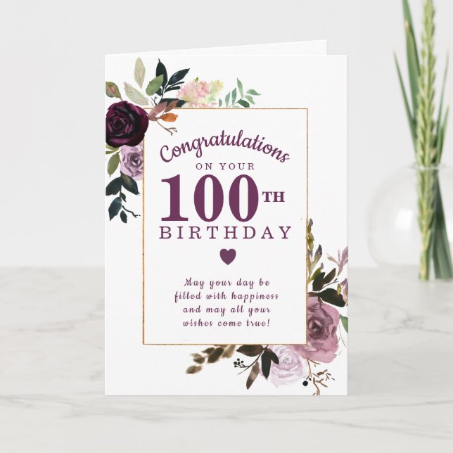 Purple Mauve Pink Floral 100th Birthday Card (Front)