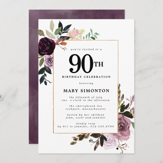 Purple Mauve Pink Floral 90th Birthday Invitation (Front/Back)