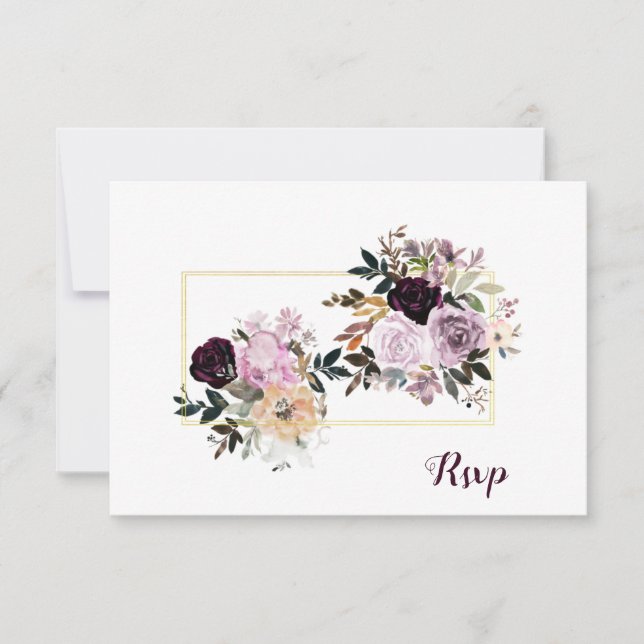 Purple Mauve Pink Gold Peonies Roses RSVP Card (Front)