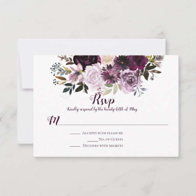 Purple Mauve Pink Peonies Roses RSVP Card (Front)