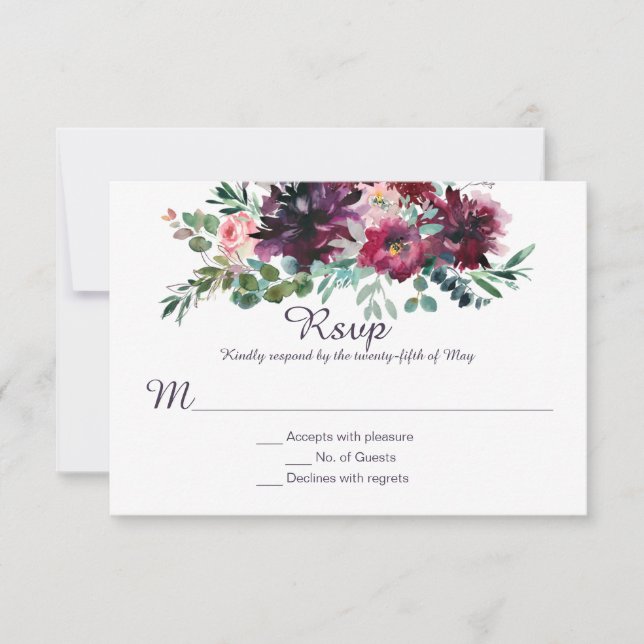 Purple Mauve Pink Plum Red Violet Greenery RSVP Card (Front)