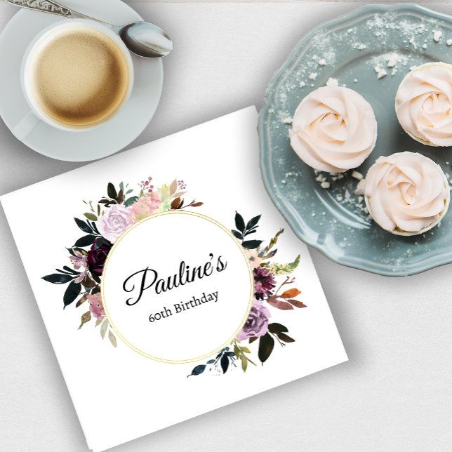 Purple Mauve Rose Floral 60th Birthday Party Napkin (Need more matching party supplies? Message me!)