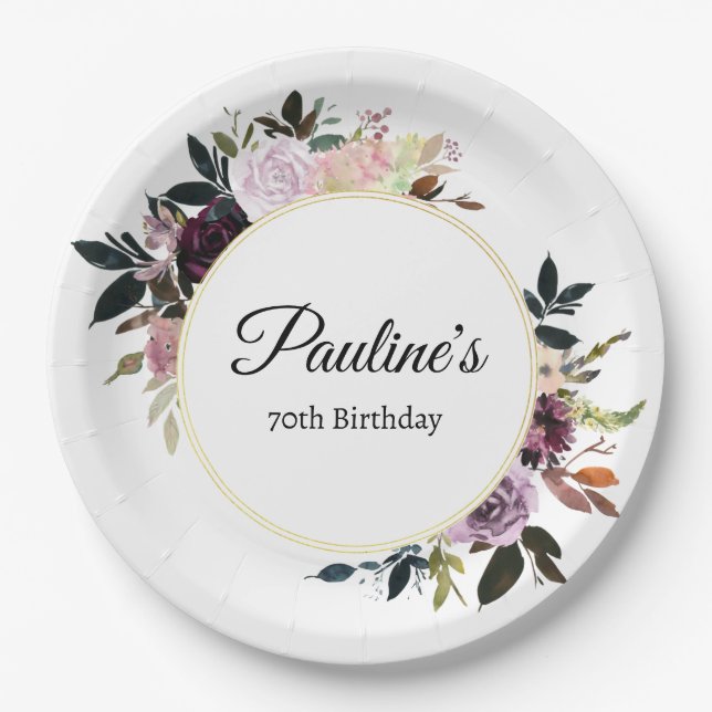 Purple Mauve Rose Floral 70th Birthday Party Paper Plate (Front)