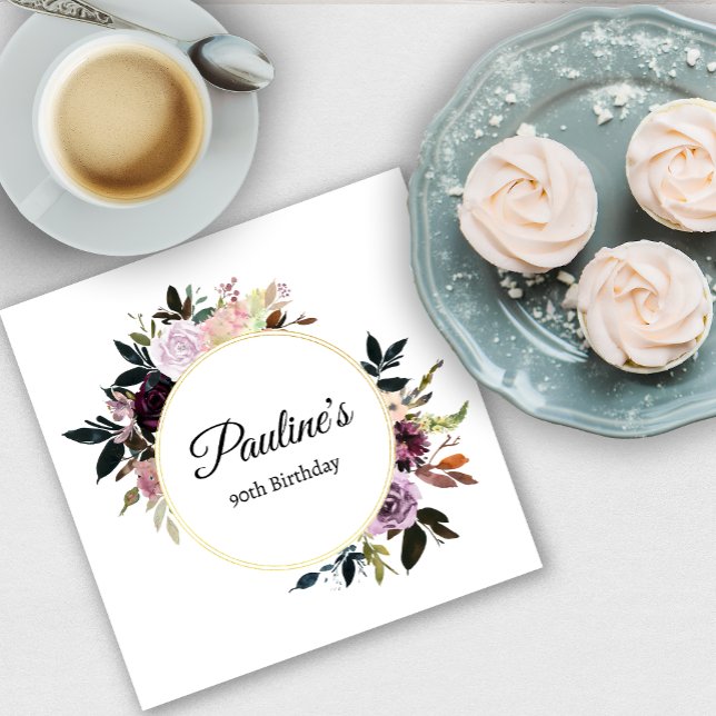 Purple Mauve Rose Floral 90th Birthday Party Napkin (Need more matching party supplies? Message me!)