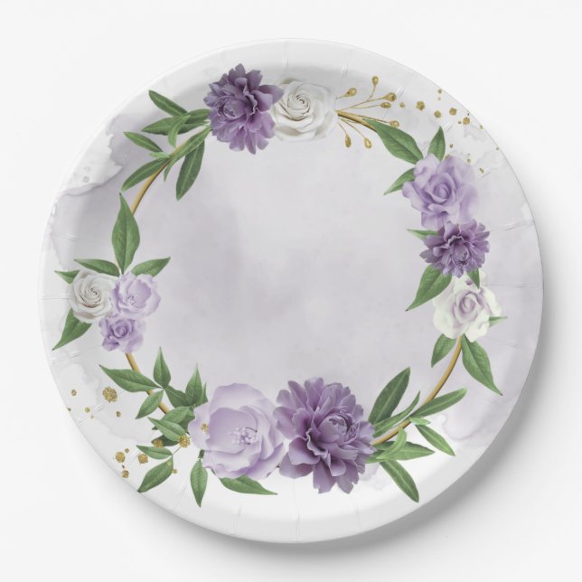 purple mauve white floral greenery paper plate (Front)