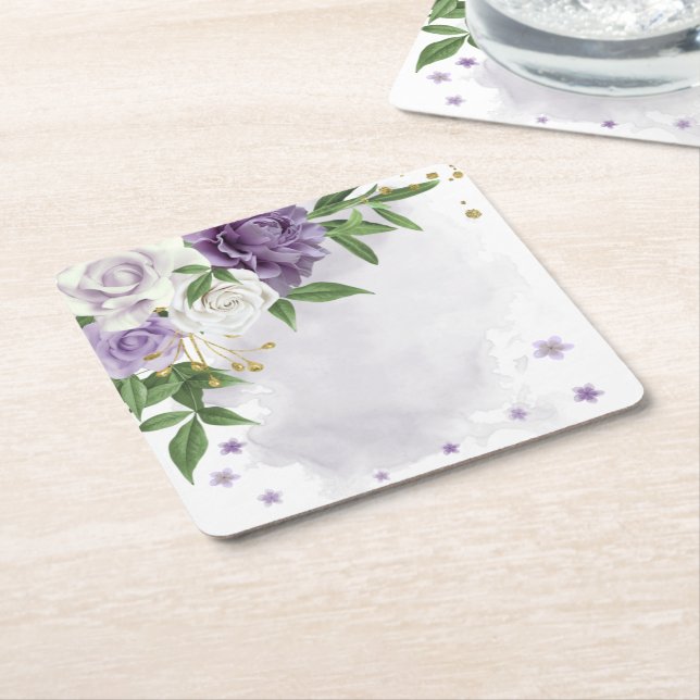 purple mauve white floral  square paper coaster (Angled)