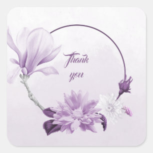 purple mauve & white flowers wreath thank you square sticker