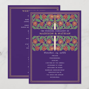 Purple Mediaeval Gold Floral Sword Royal Wedding Program