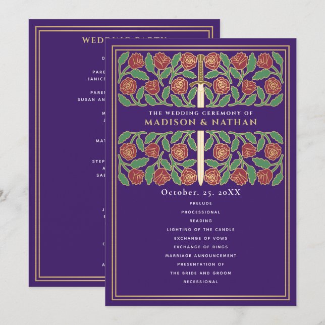 Purple Mediaeval Gold Floral Sword Royal Wedding Program (Front/Back)