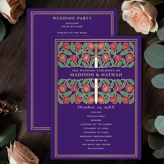 Purple Mediaeval Gold Floral Sword Royal Wedding Program (Creator Uploaded)