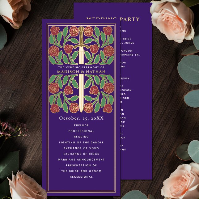 Purple Mediaeval Gold Floral Sword Royal Wedding Program (Creator Uploaded)