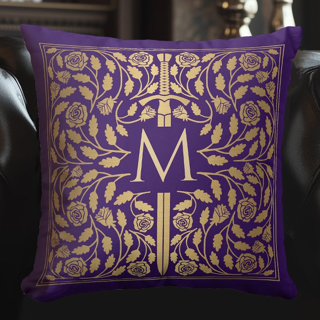 Purple Mediaeval Gold Sword Monogram Throw Pillow (Creator Uploaded)