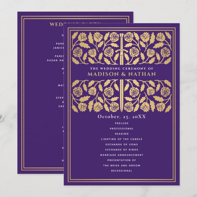 Purple Mediaeval Gold Sword Royal Wedding Program (Front/Back)