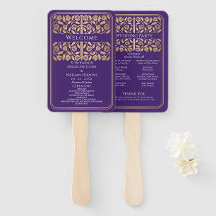 Purple Mediaeval Gold Sword Royal Wedding Program Hand Fan