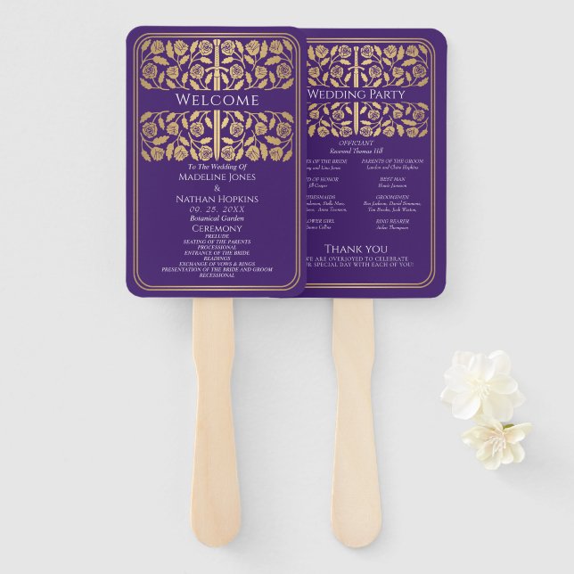 Purple Mediaeval Gold Sword Royal Wedding Program Hand Fan (Front and Back)