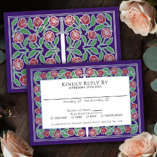 Purple Mediaeval Silver Floral Sword Royal Wedding RSVP Card