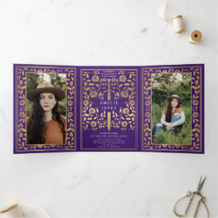 Purple Mediaeval Sword Photo Graduation Party  Tri-Fold Invitation