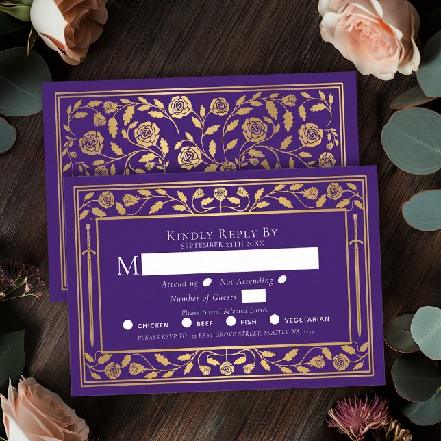 Purple Mediaeval Sword Wedding RSVP Enclosure Card (Creator Uploaded)