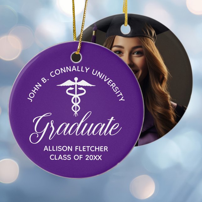 Purple Medical School Graduation Photo Christmas Ceramic Ornament (Creator Uploaded)
