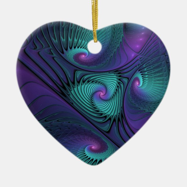 Purple Meets Turquoise Modern Abstract Fractal Art Ceramic Ornament (Front)