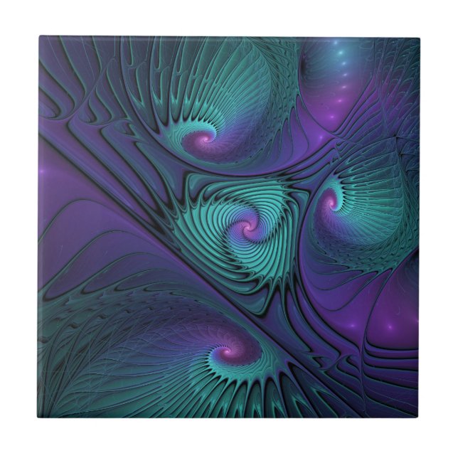 Purple Meets Turquoise Modern Abstract Fractal Art Ceramic Tile (Front)