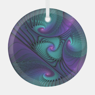 Purple Meets Turquoise Modern Abstract Fractal Art Glass Tree Decoration