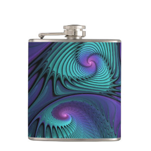 Purple Meets Turquoise Modern Abstract Fractal Art Hip Flask