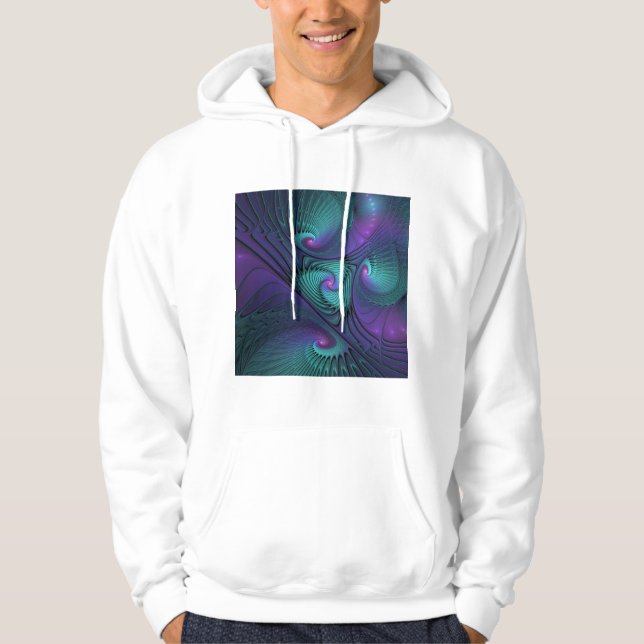 Purple Meets Turquoise Modern Abstract Fractal Art Hoodie (Front)