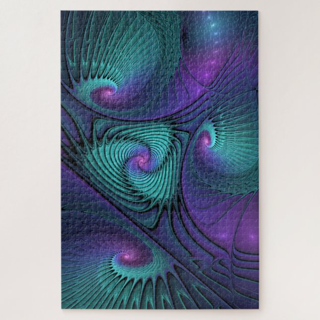 Purple meets Turquoise modern abstract Fractal Art Jigsaw Puzzle (Vertical)